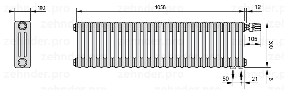 Схема (чертеж) Радиатор Zehnder Charleston 3030/23 №V002 Белый глянцевый RAL 9016